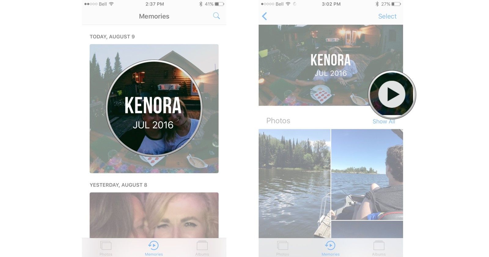 Нажмите на память, которую вы хотели бы видеть, а затем нажмите кнопку воспроизведения на большой фотографии в верхней части экрана.