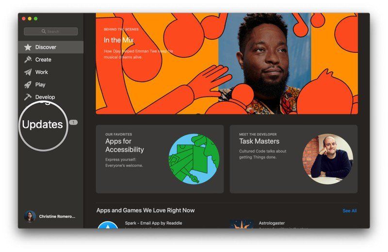 MacOS Mojave App Store, нажмите кнопку «Обновления» на боковой панели