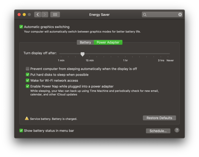 MacOS Mojave Системные настройки, Экономия энергии