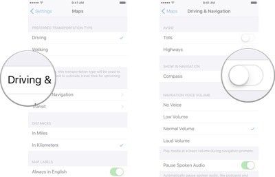 Нажмите «Вождение и навигация» и нажмите на переключатель компаса on.off.