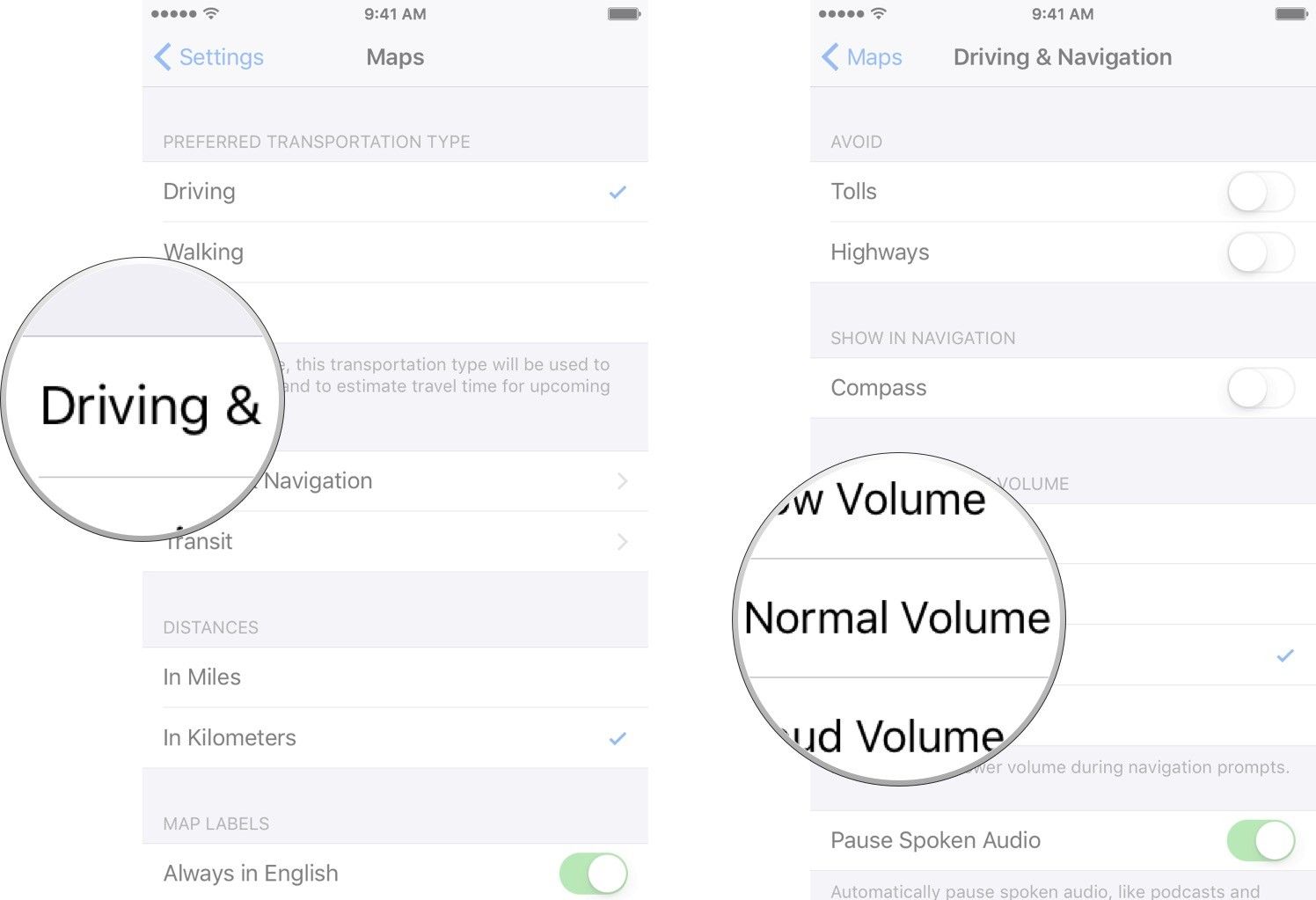 Нажмите «Вождение и навигация», а затем нажмите на нужный уровень громкости.