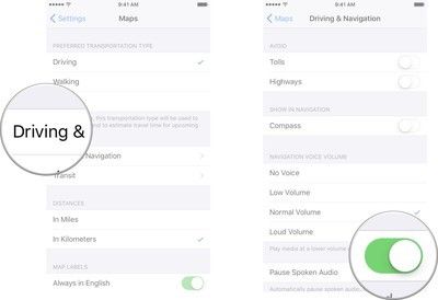 ap Вождение и навигация, а затем коснитесь переключателя Pause Spoken Audio ON / Off.
