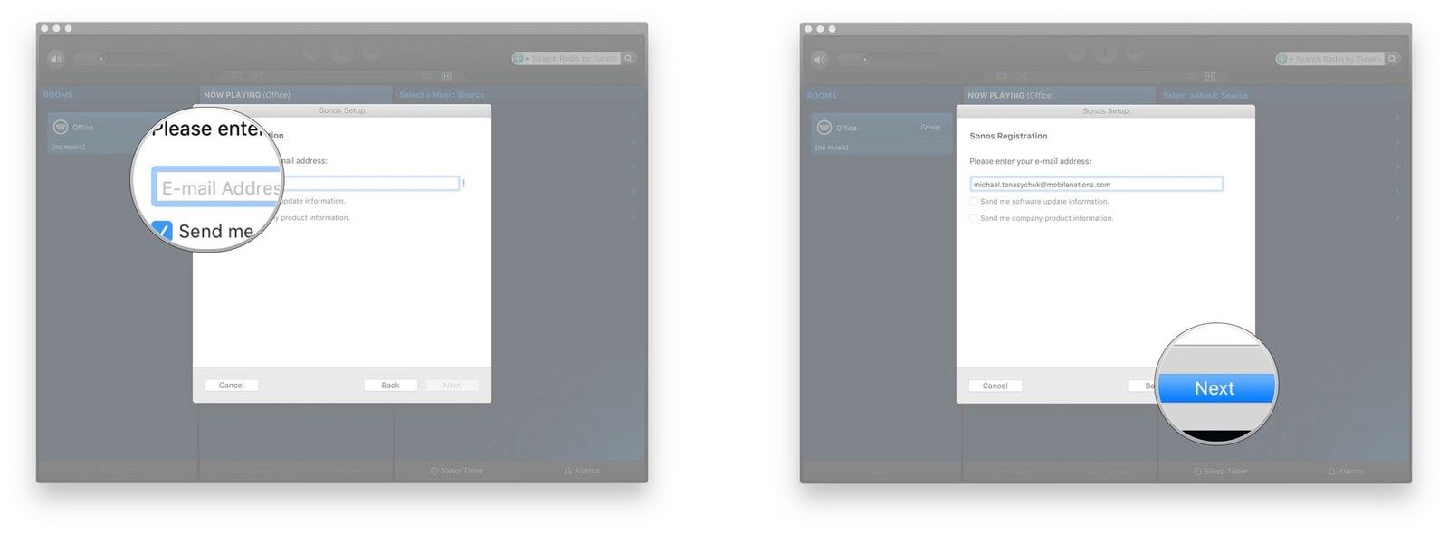 Введите адрес электронной почты, снимите флажки, нажмите Далее