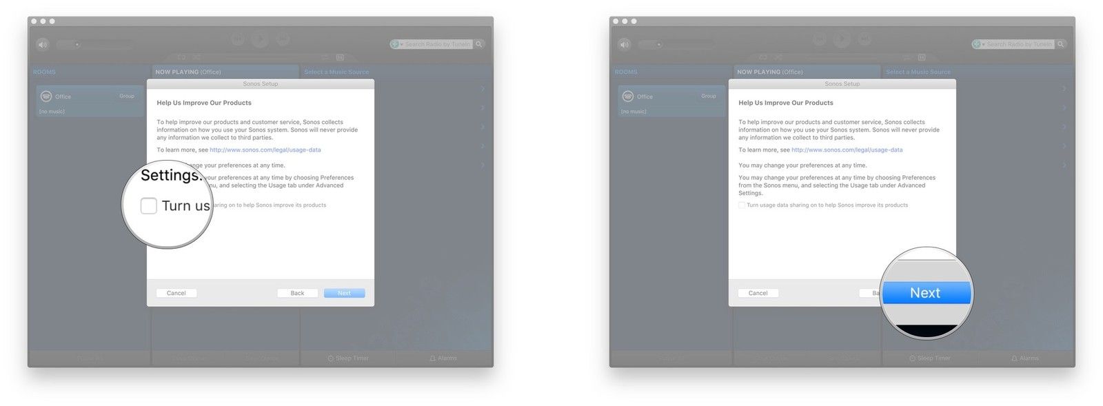 Выберите, хотите ли вы поделиться данными об использовании с Sonos, нажмите Next