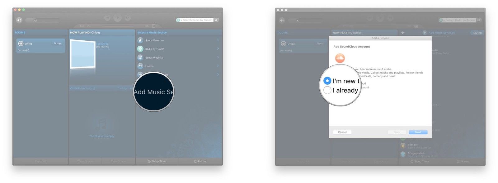 Нажмите Добавить музыкальные сервисы, выберите сервис, который вы'd like to add, sign in or create a new account and connect your account to Sonos
