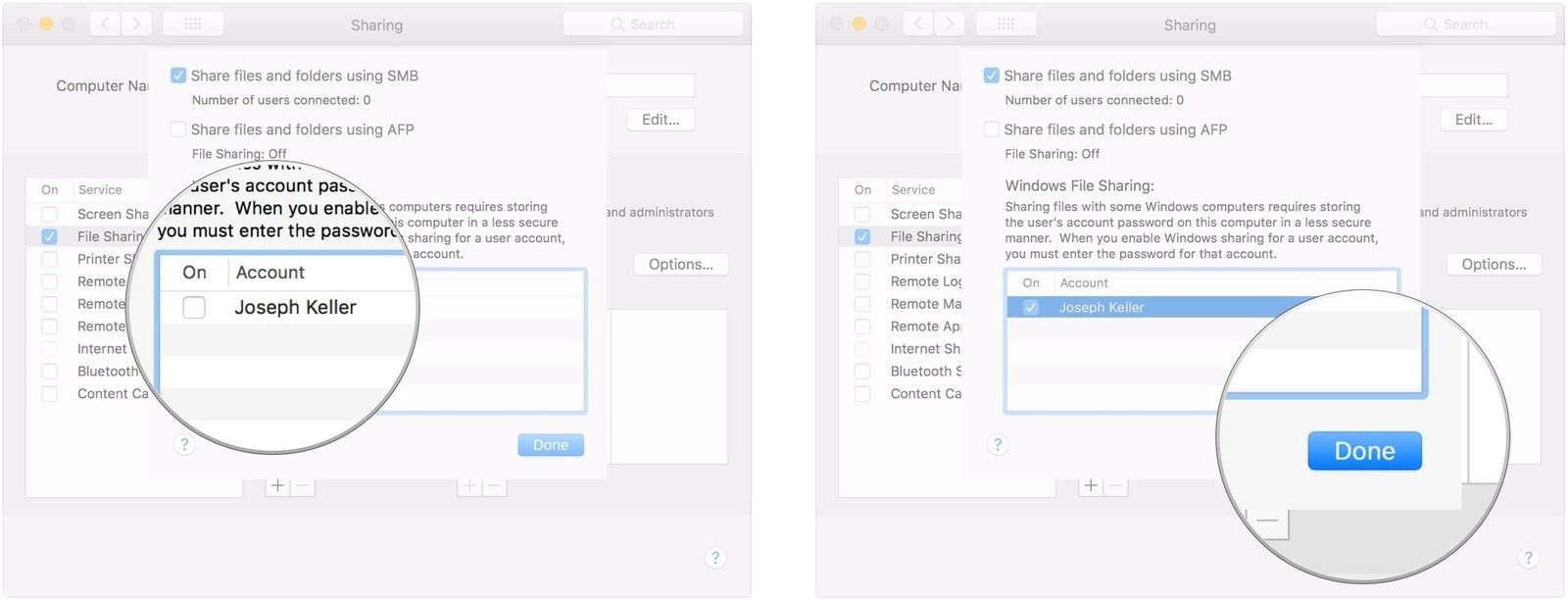 Установите флажок для учетной записи пользователя, нажмите Готово