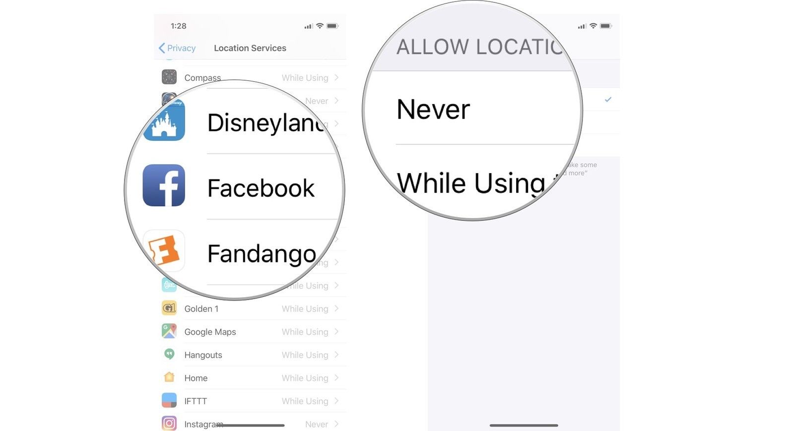 Нажмите Facebook, затем нажмите Никогда