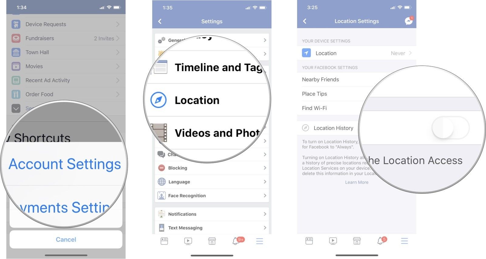 Нажмите «Настройки учетной записи», затем нажмите «Местоположение», затем отключите историю местоположений.