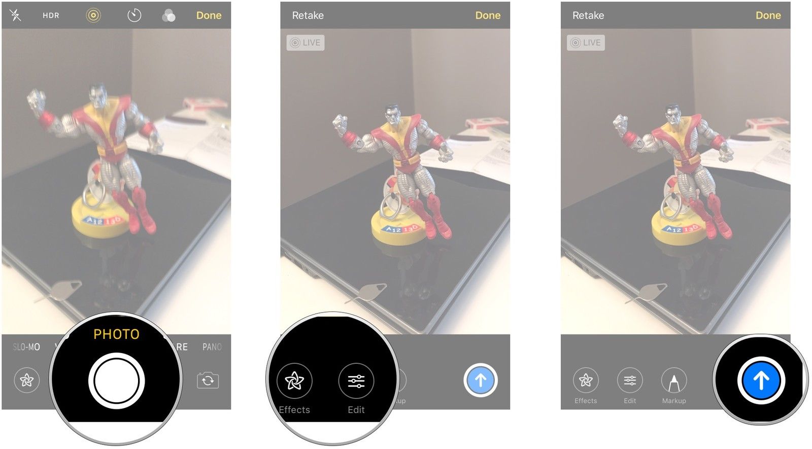 Нажмите кнопку спуска, чтобы сделать фотографию, отредактировать или разметить фотографию, нажмите кнопку отправки