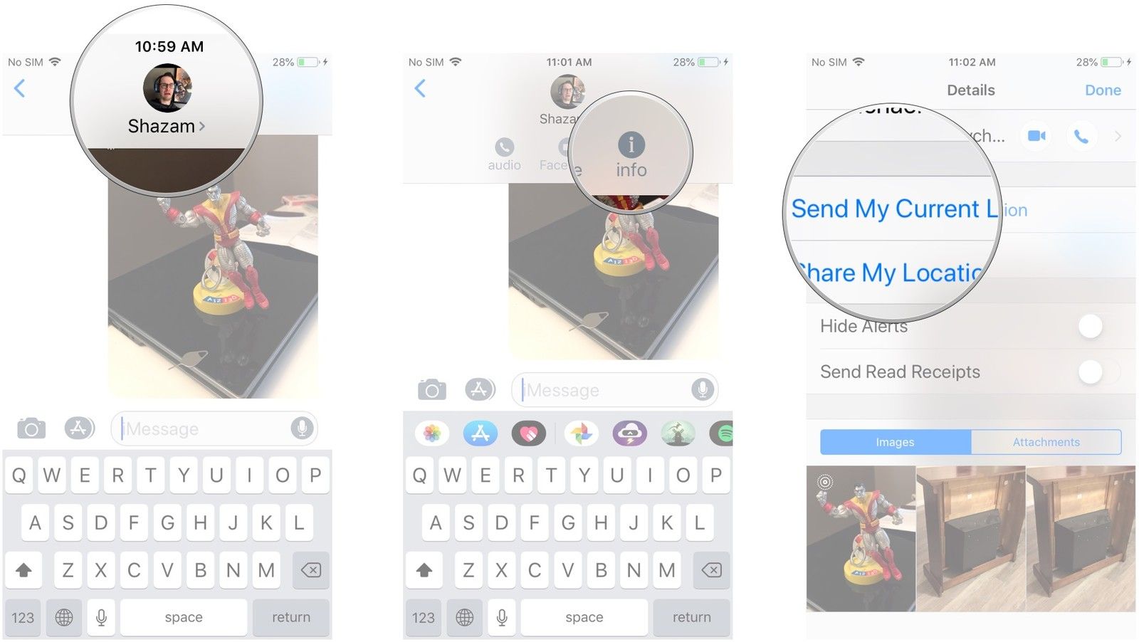 Нажмите на имя вверху беседы, нажмите «Информация», нажмите «Отправить мое текущее местоположение».
