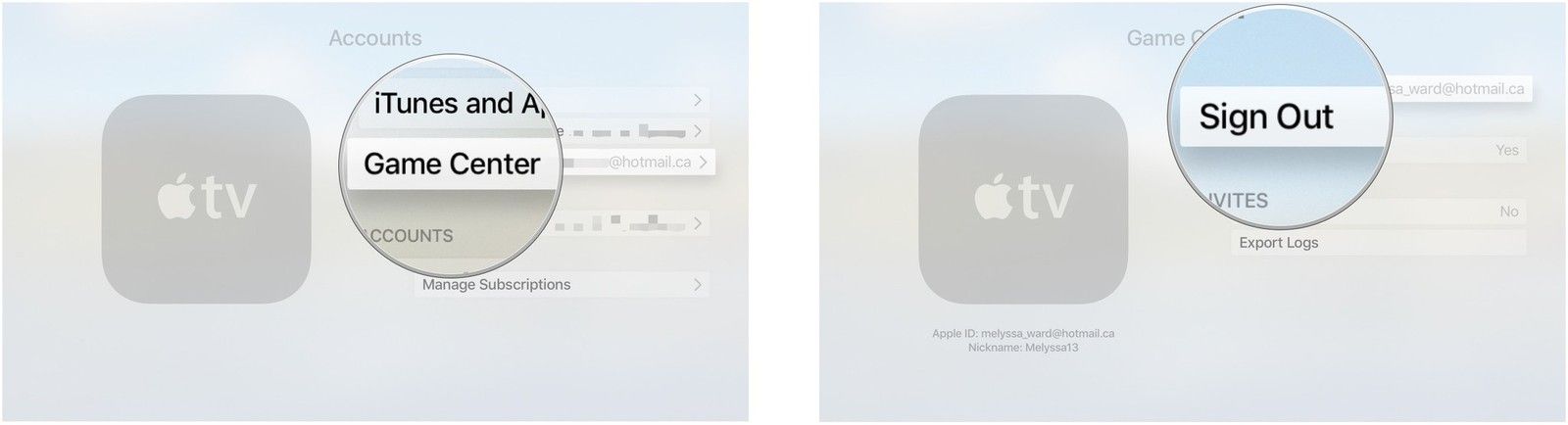 Выберите Game Center, а затем выберите Выйти