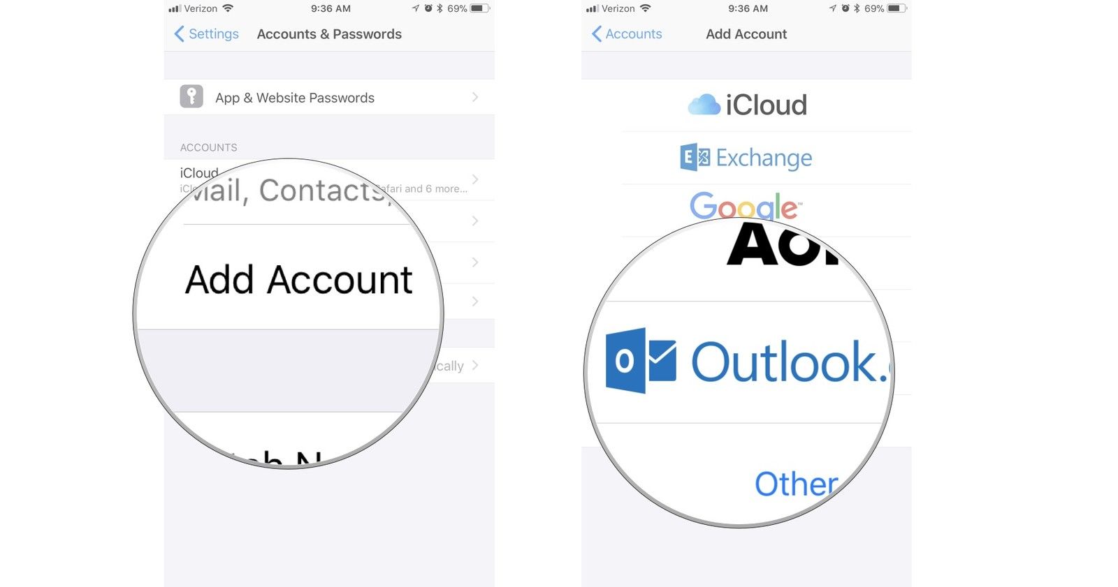 Нажмите Добавить учетную запись, затем выберите учетную запись
