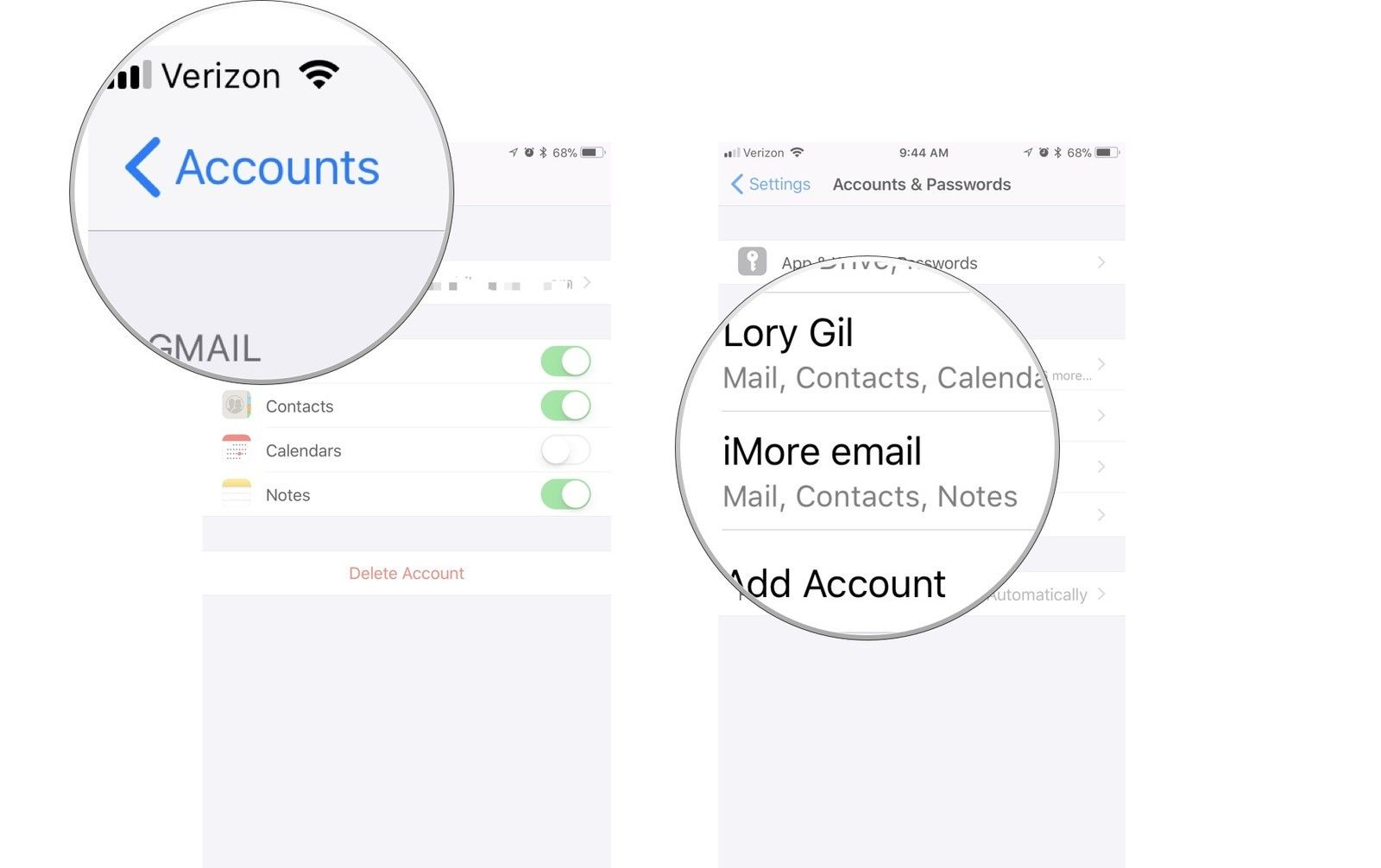 Нажмите стрелку «Назад», чтобы перейти к «Учетным записям», затем нажмите новую учетную запись.