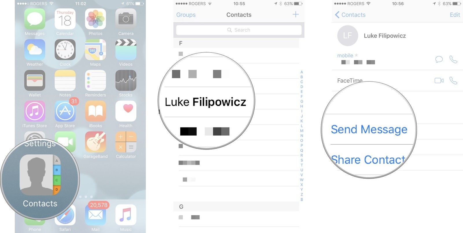 Запустите приложение «Контакты», найдите и коснитесь контакта, затем нажмите «Поделиться контактом».