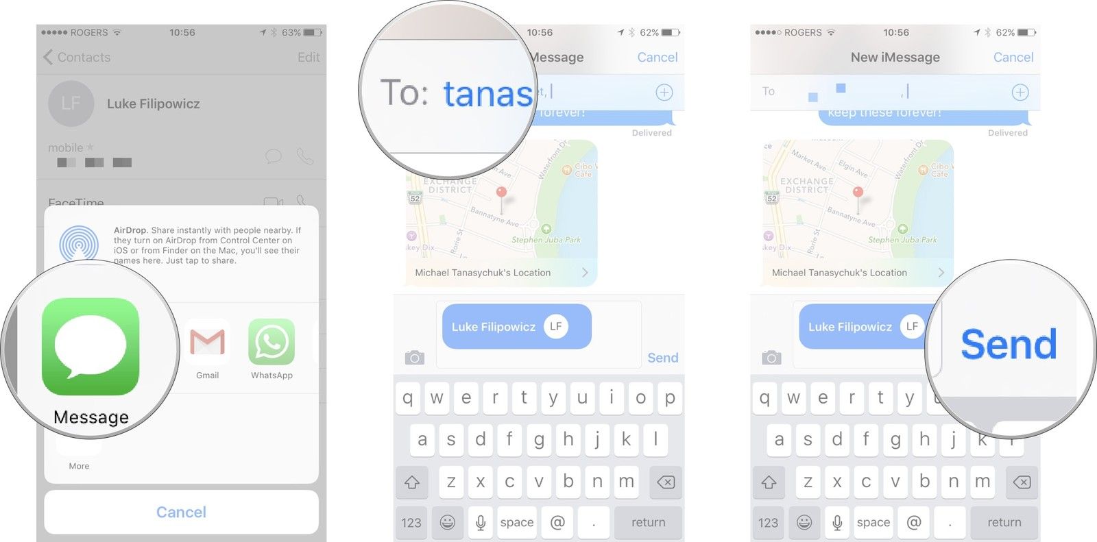 Нажмите «Сообщения», введите имя человека, которому вы хотите поделиться им, и нажмите «Отправить».