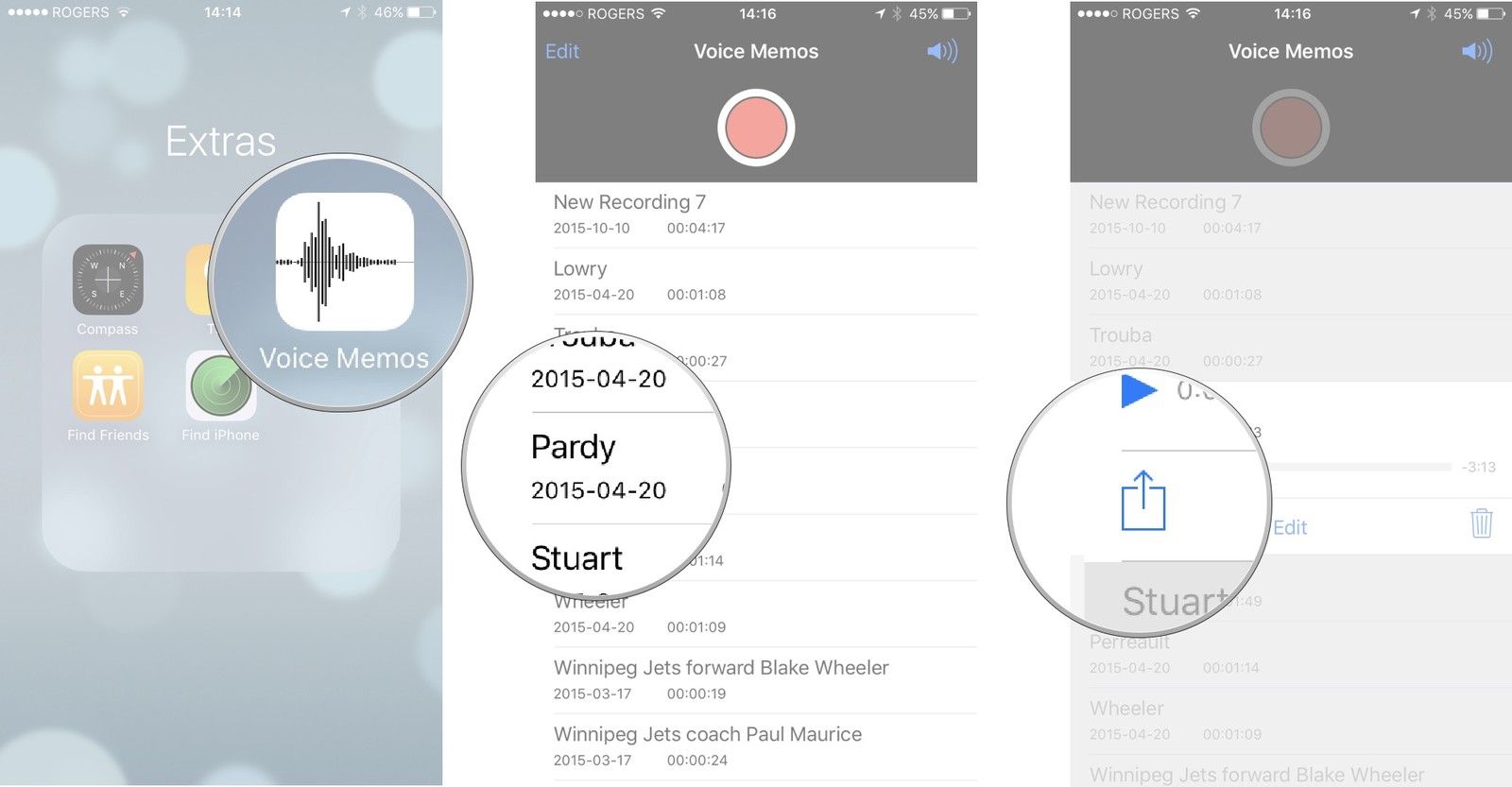 Запустите приложение «Голосовые заметки», нажмите заметку, которую хотите отправить, затем нажмите кнопку «Поделиться».