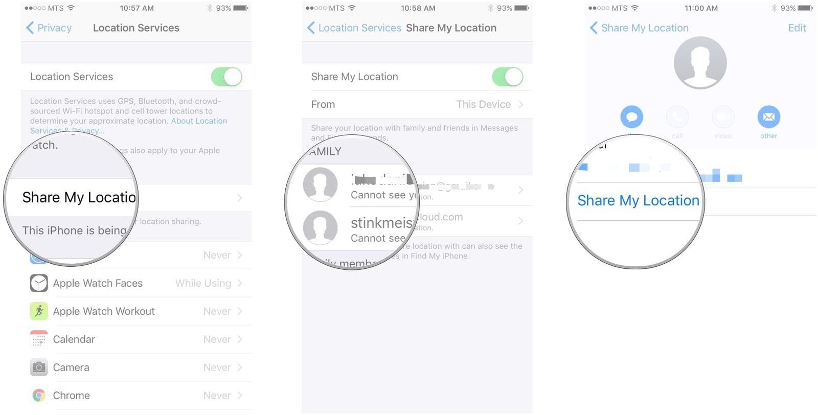 Нажмите &laquo;Поделиться моим местоположением&raquo;, нажмите на члена семьи's name, tap Share My Location