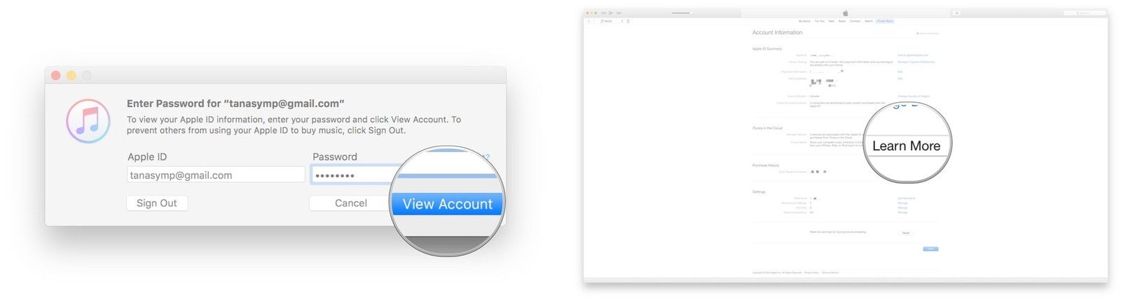 Введите свой пароль, нажмите «Просмотреть учетную запись», нажмите «Подробнее»