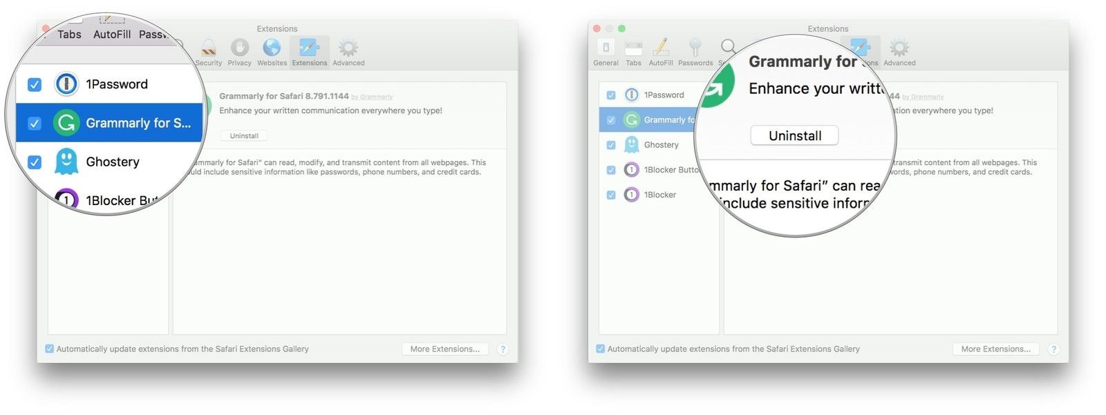 Нажмите на расширение, нажмите Удалить