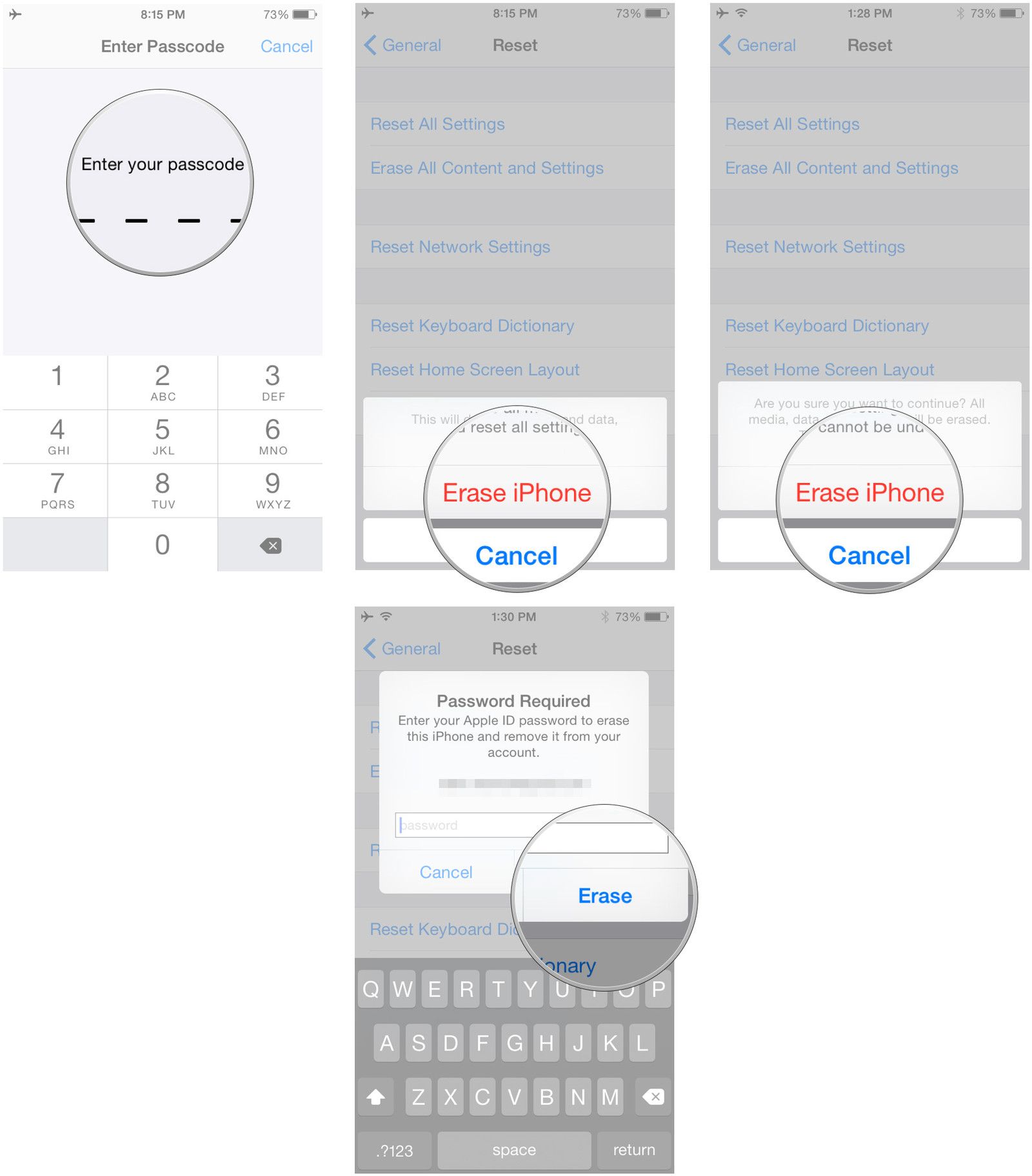 Введите код доступа, нажмите «Стереть iPhone», нажмите «Стереть iPhone», введите свой пароль Apple ID, нажмите «Стереть»