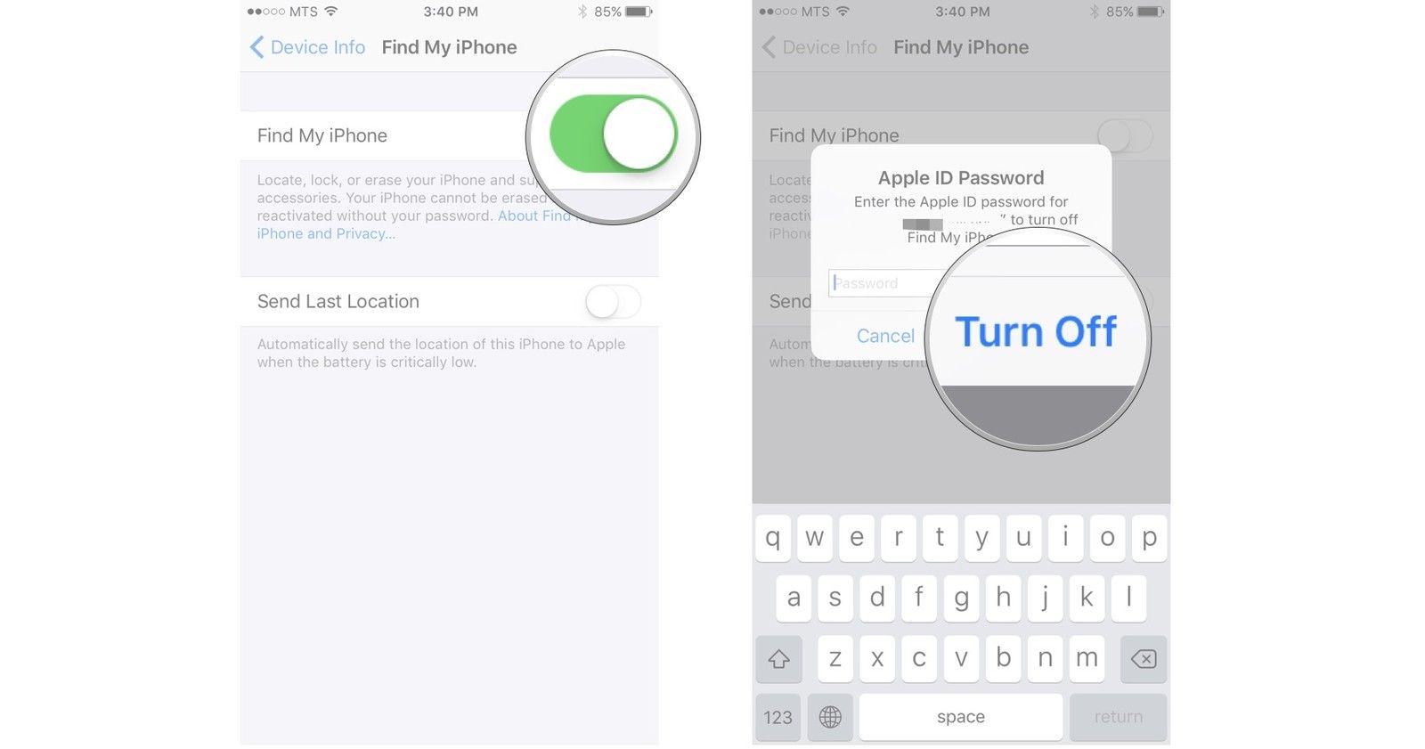 Нажмите на переключатель, введите пароль, если будет предложено, нажмите «Выключить» или «ОК».