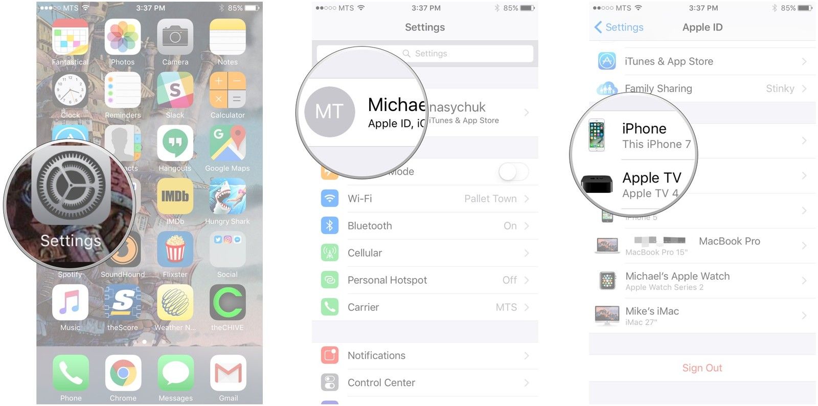 Запустите Настройки, нажмите на свой Apple ID, нажмите на устройство