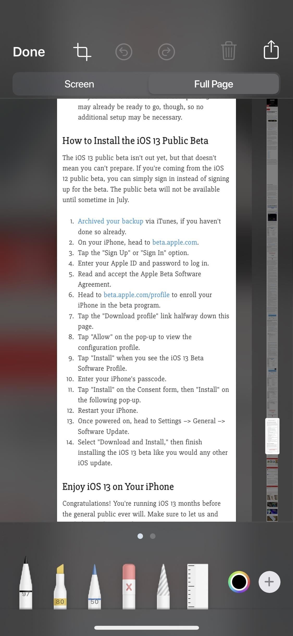 Как сделать скроллинг скриншотов целых веб-страниц в iOS 13's Safari for iPhone