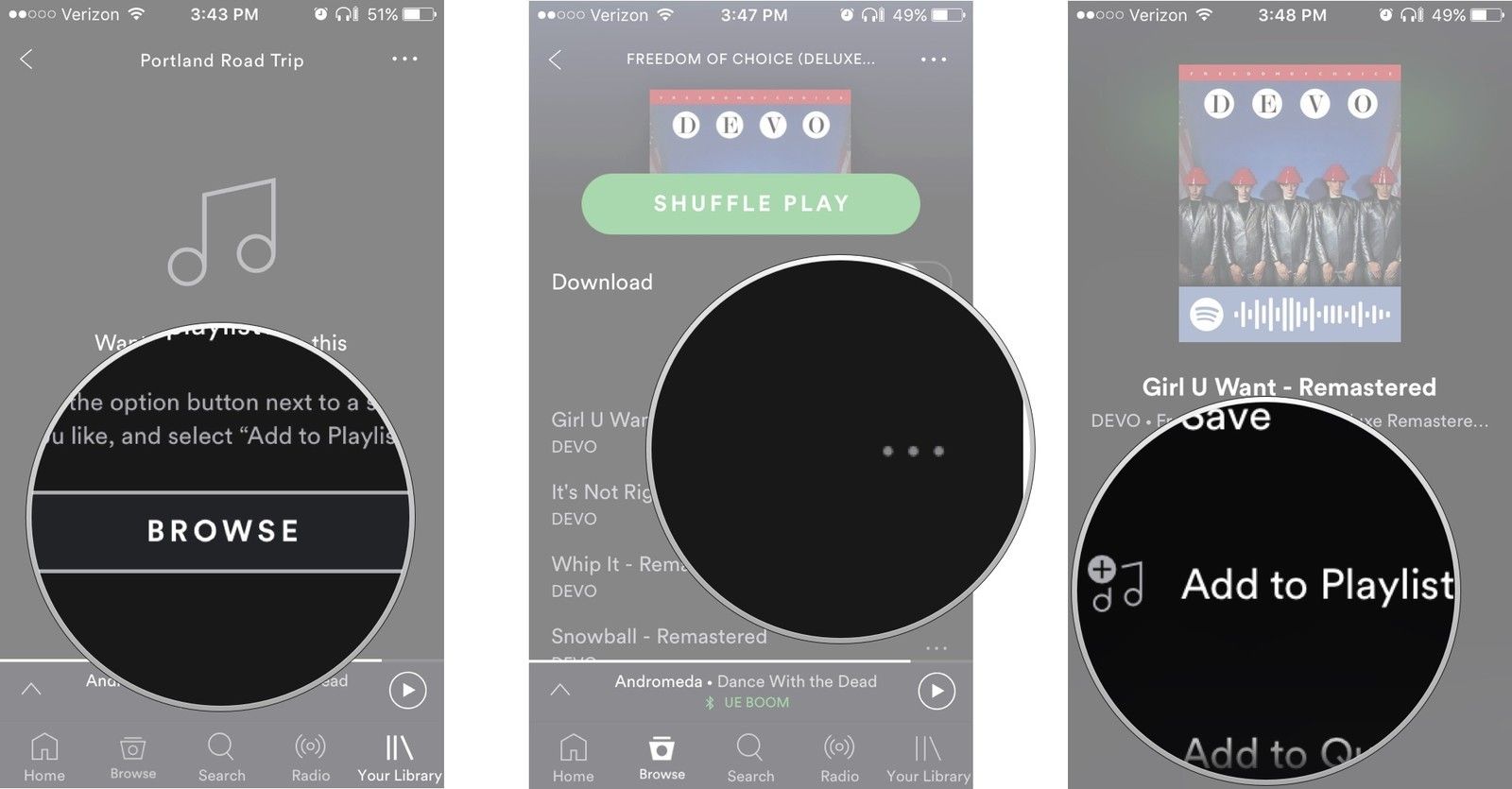 Нажмите «Обзор», найдите песню, нажмите еще рядом с песней, нажмите «Добавить в плейлист».