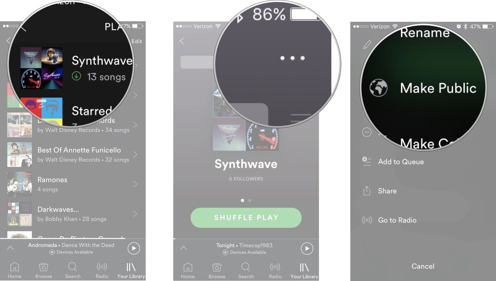 Нажмите на список воспроизведения, нажмите «Еще», нажмите «Сделать общедоступным».