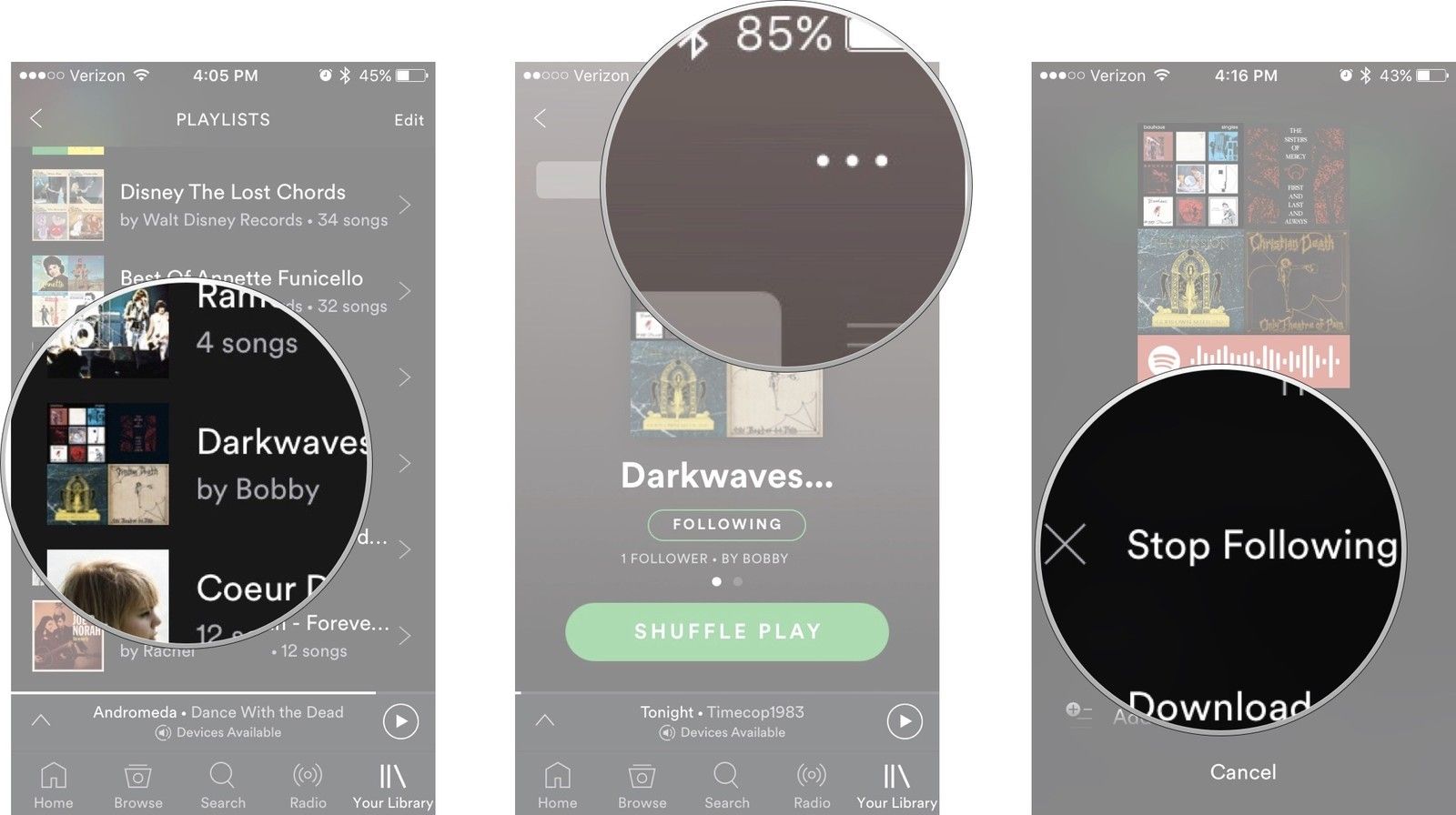 Нажмите на список воспроизведения, нажмите «Еще», нажмите «Остановить подписку».