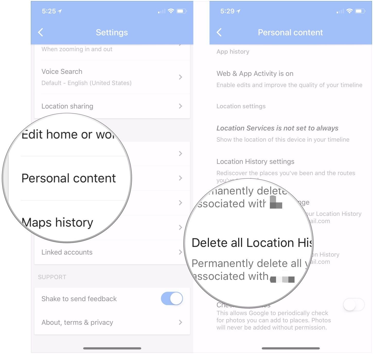 Нажмите Личный контент, нажмите Удалить все История местоположений