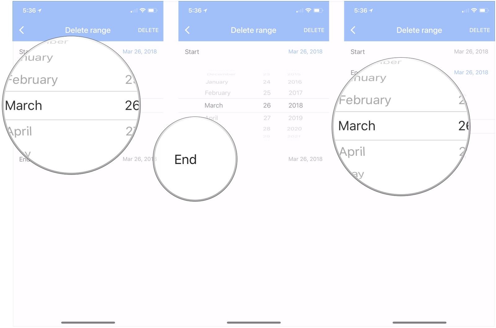 Выберите дату начала, нажмите &laquo;Конец&raquo;, выберите дату окончания