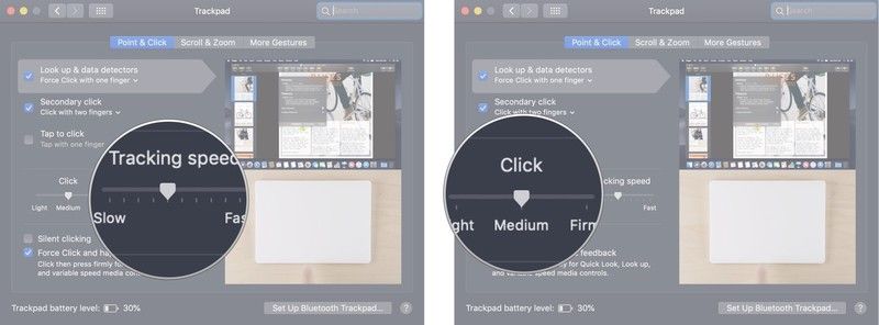 Переместите ползунок, чтобы увеличить или уменьшить скорость отслеживания и нажатия