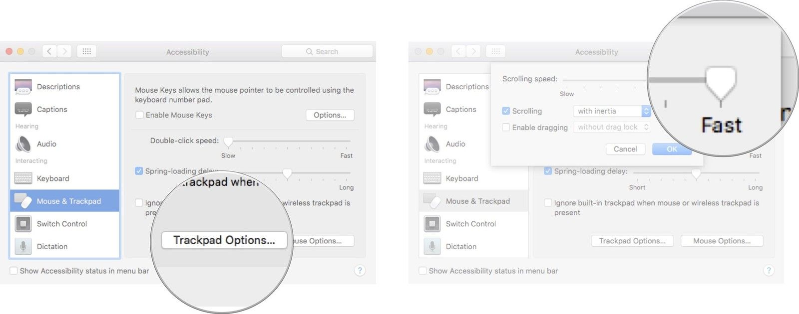 Перемещение ползунка скорости прокрутки на Mac