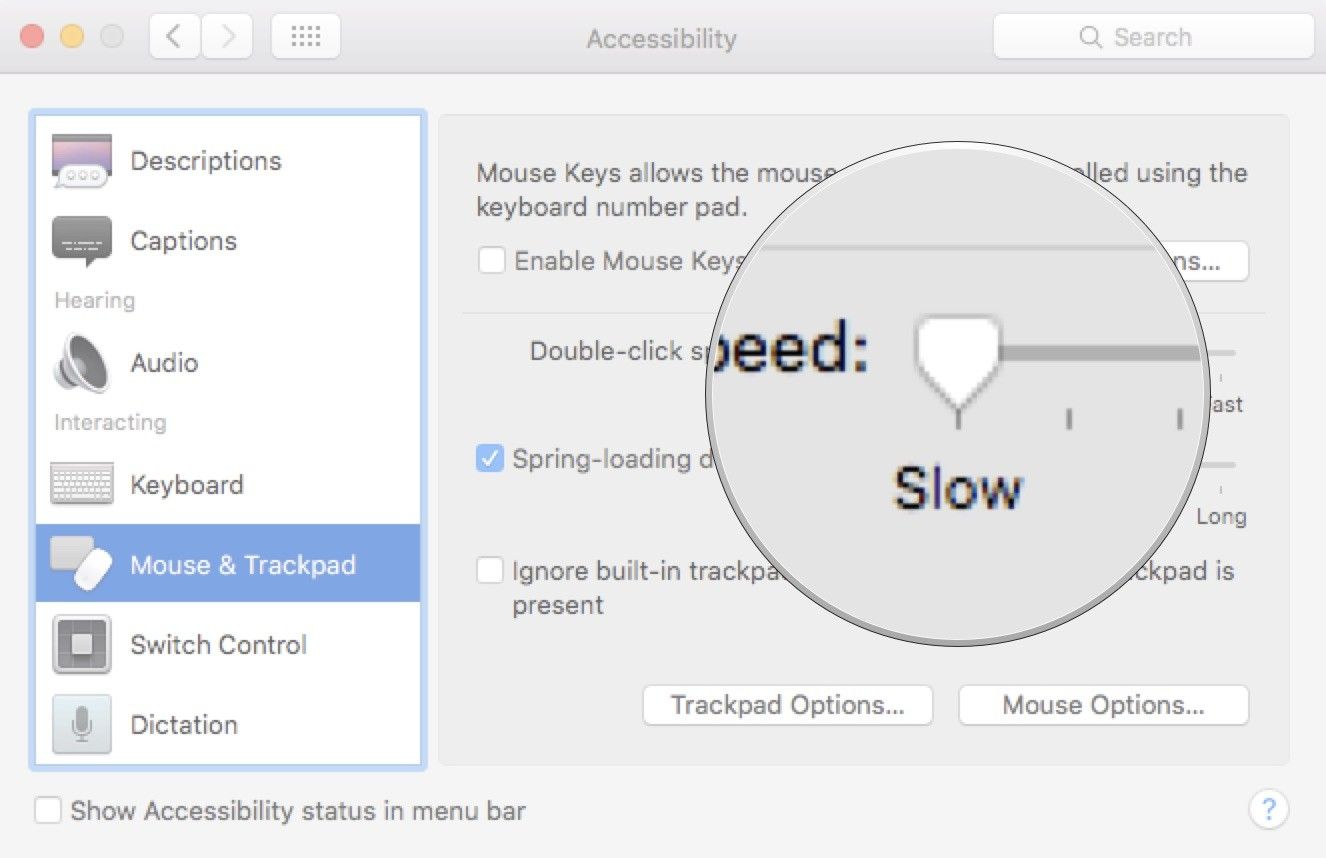 Перемещение ползунка скорости двойного щелчка на Mac