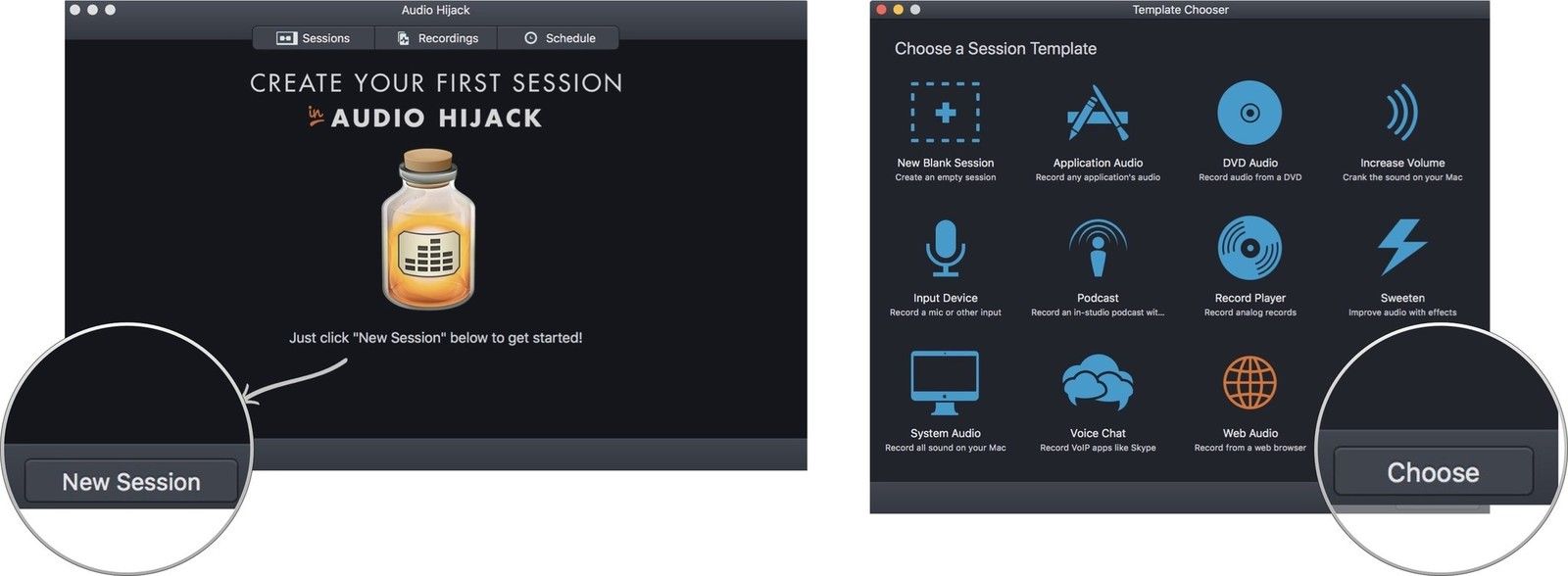 Нажмите на новую сессию, затем выберите источник звука и нажмите «Выбрать».