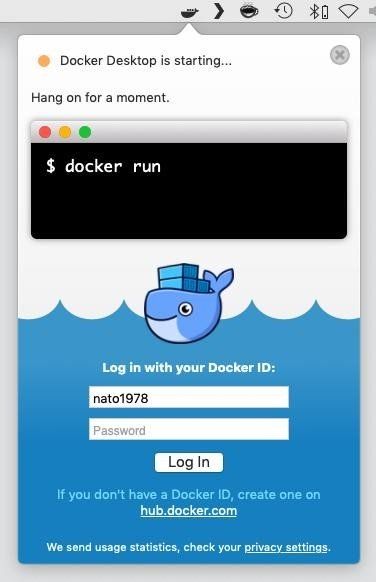 Сделай кита счастливым. Войдите с вашим идентификатором Docker.