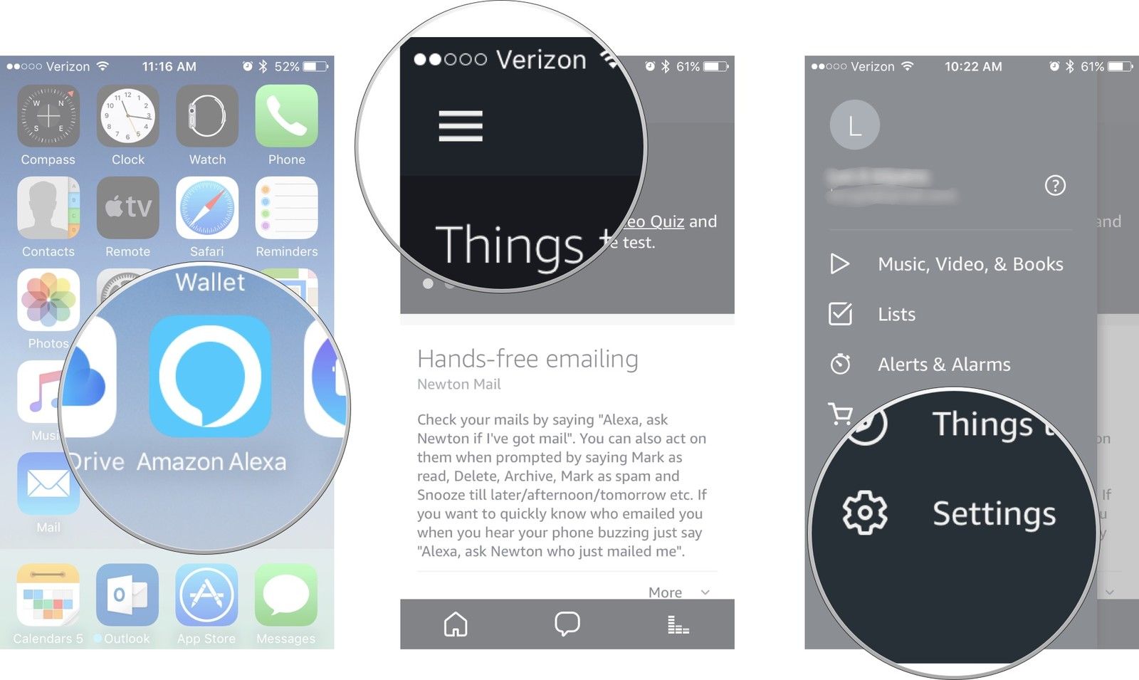 Откройте приложение Alexa, затем нажмите меню, затем нажмите настройки