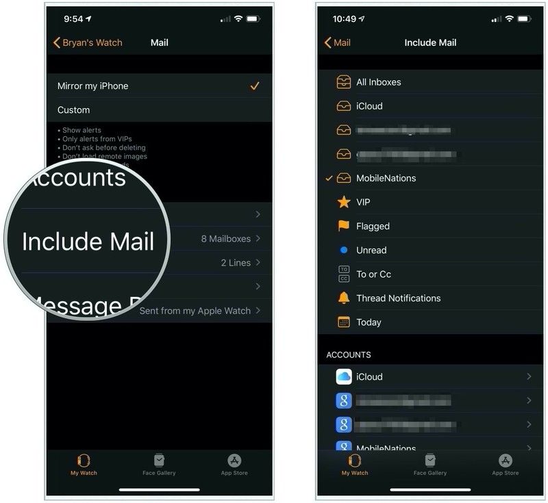 Apple Watch выберите почту