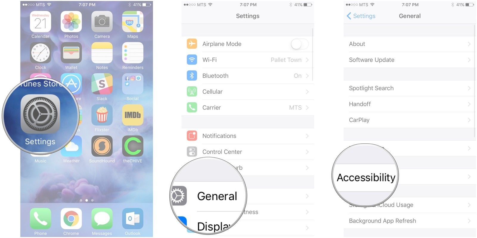 Запустите настройки, нажмите «Общие», нажмите «Специальные возможности»