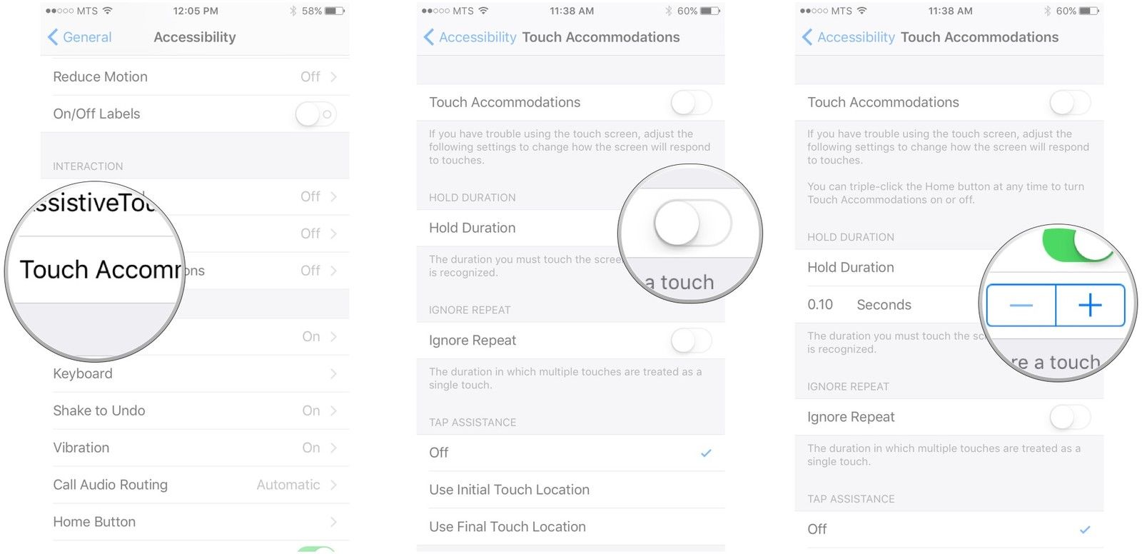 Нажмите «Сенсорные помещения», нажмите переключатель рядом с «Продолжительность удержания», нажмите кнопку «плюс» или «минус»