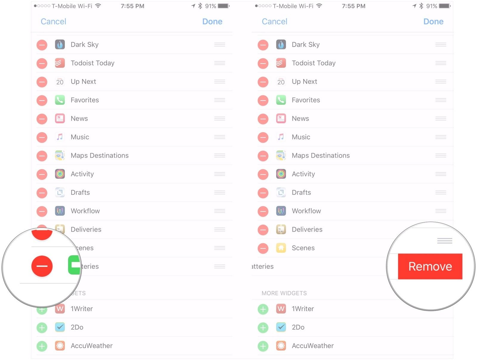 Нажмите -, нажмите Удалить