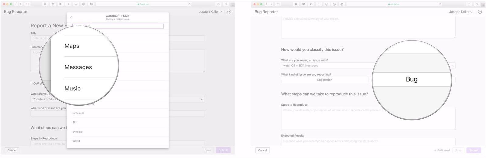 Выберите область, нажмите Предложения или Ошибка