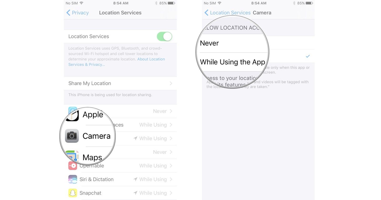 Нажмите Камера, нажмите Никогда