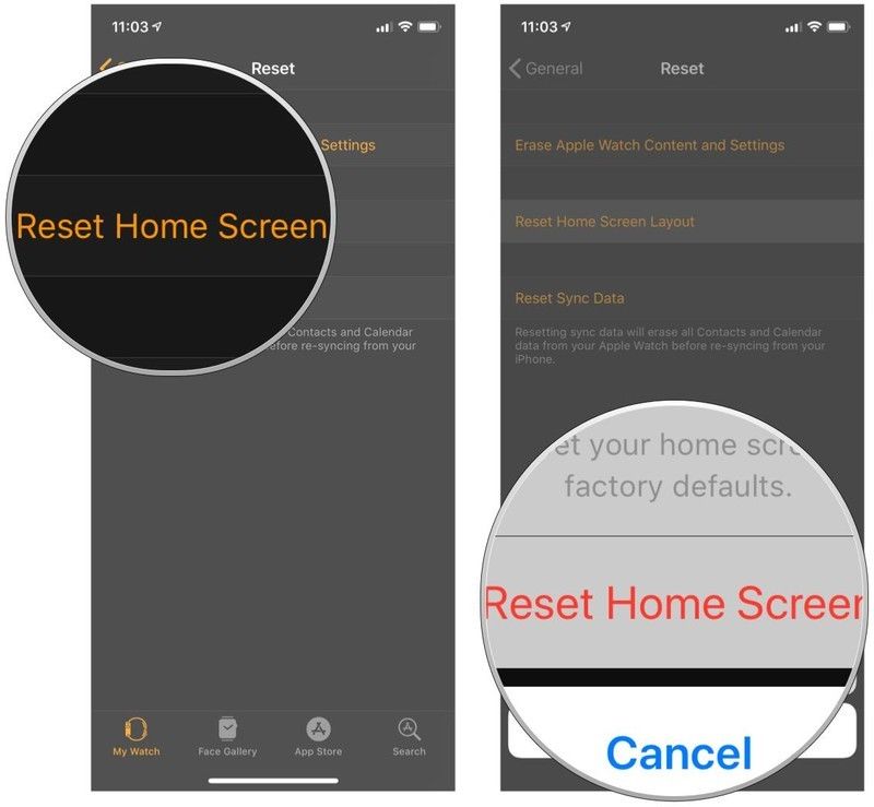 Нажмите «Сбросить макет главного экрана для Apple Watch», подтвердите