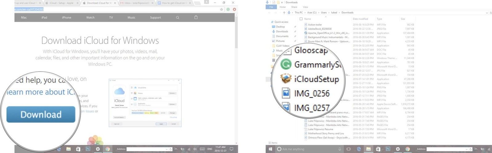 Перейдите на страницу iCloud на Windows, нажмите «Загрузить», перейдите в папку «Загрузки» и дважды щелкните «Настройка iCloud».