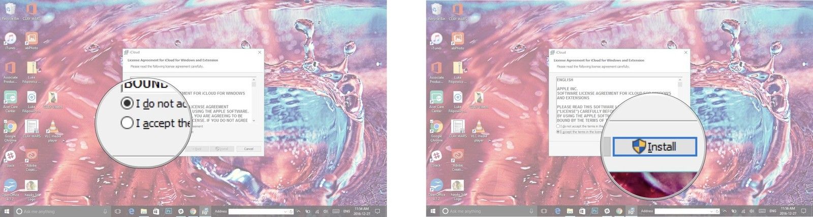 Выберите вариант «Я принимаю условия» и нажмите «Установить».