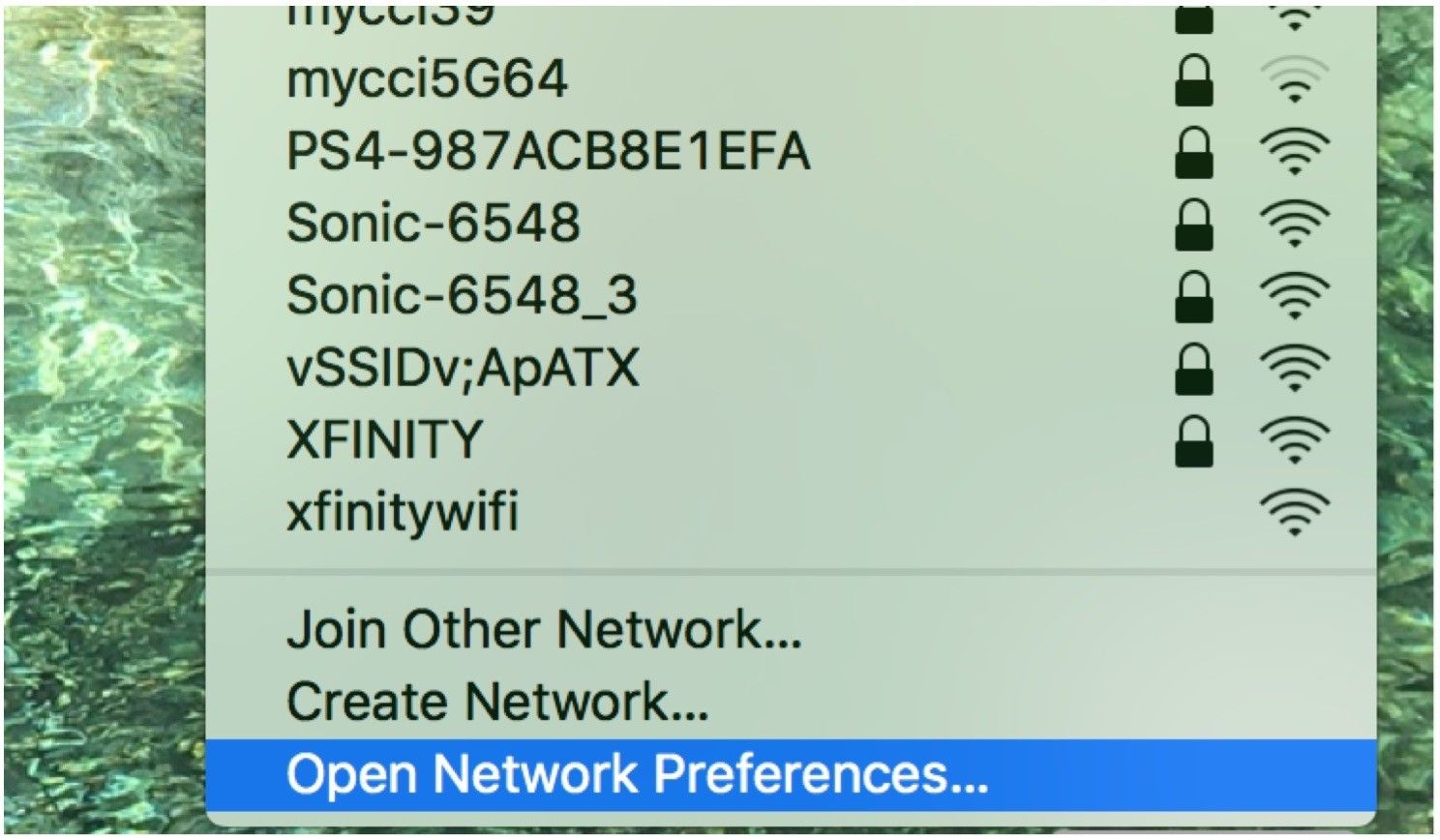 Нажмите Open Network Preferences из выпадающего меню Wifi.