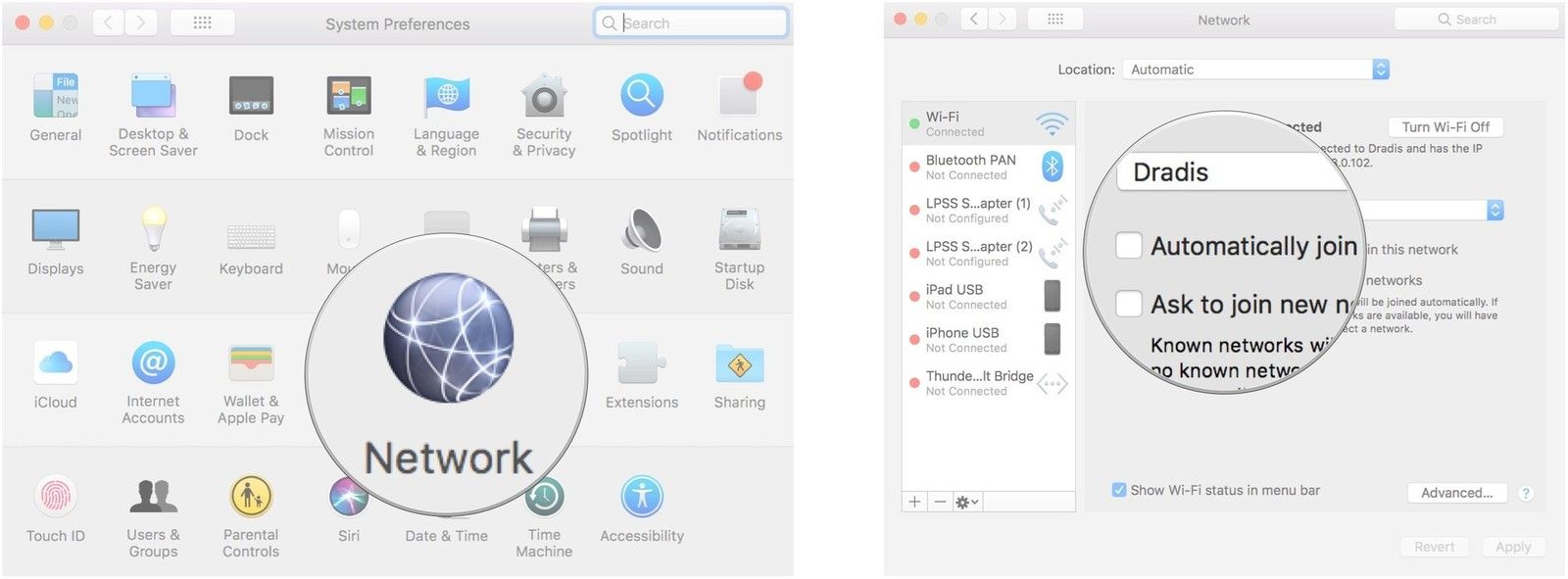 Нажмите на Сеть, затем снимите флажок для автоматического присоединения к этой сети.