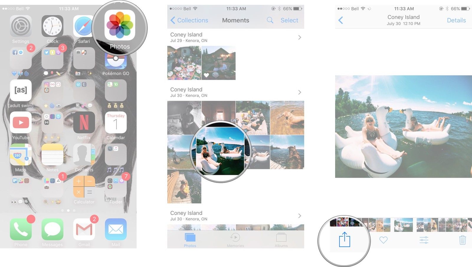 Запустите фотографии, выберите фотографию, нажмите кнопку поделиться